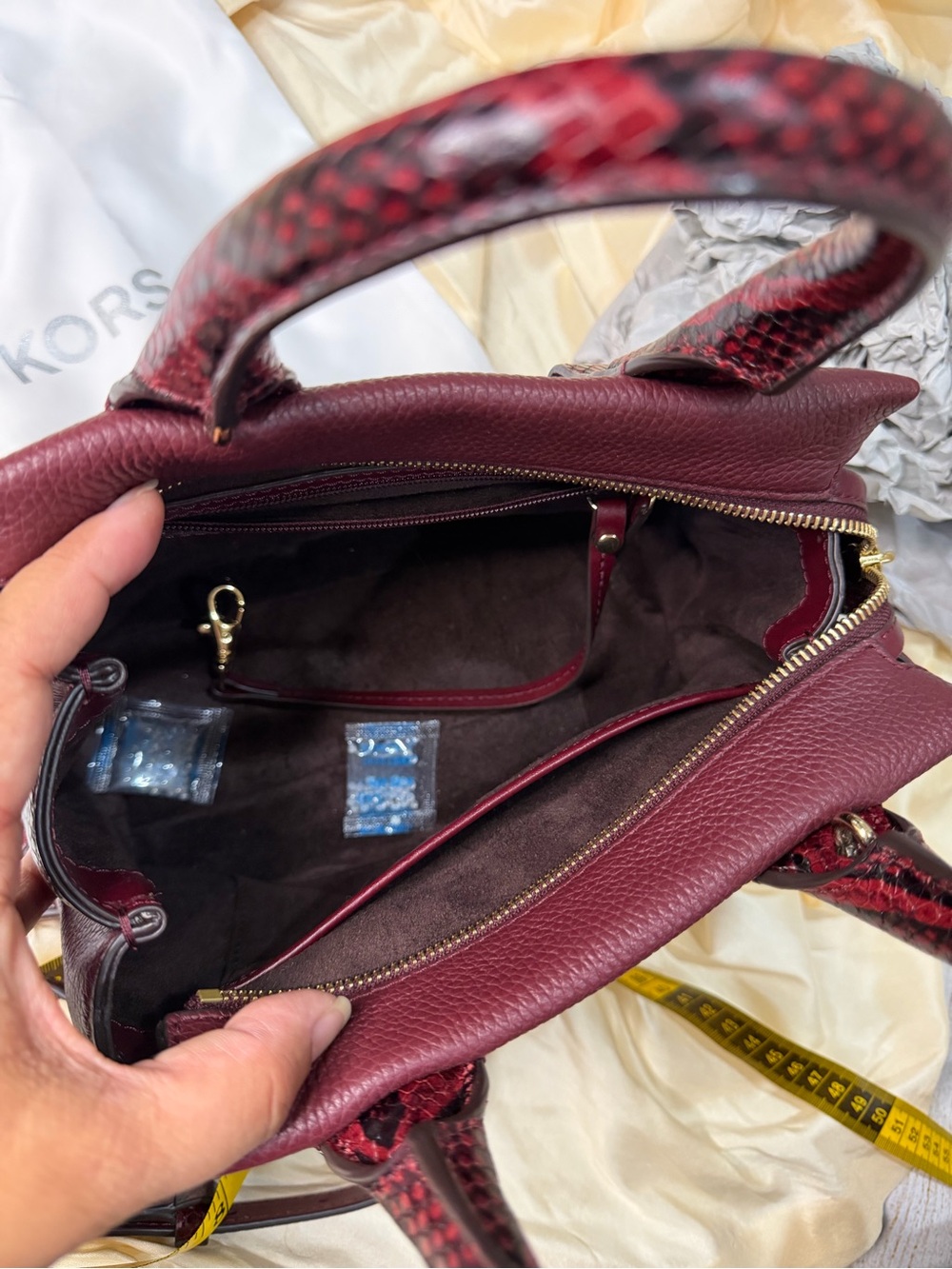 Michael Kors Rollins Small Snake-Embossed Leather Satchel Color Oxblood Burgundy - Picture 10 of 16
